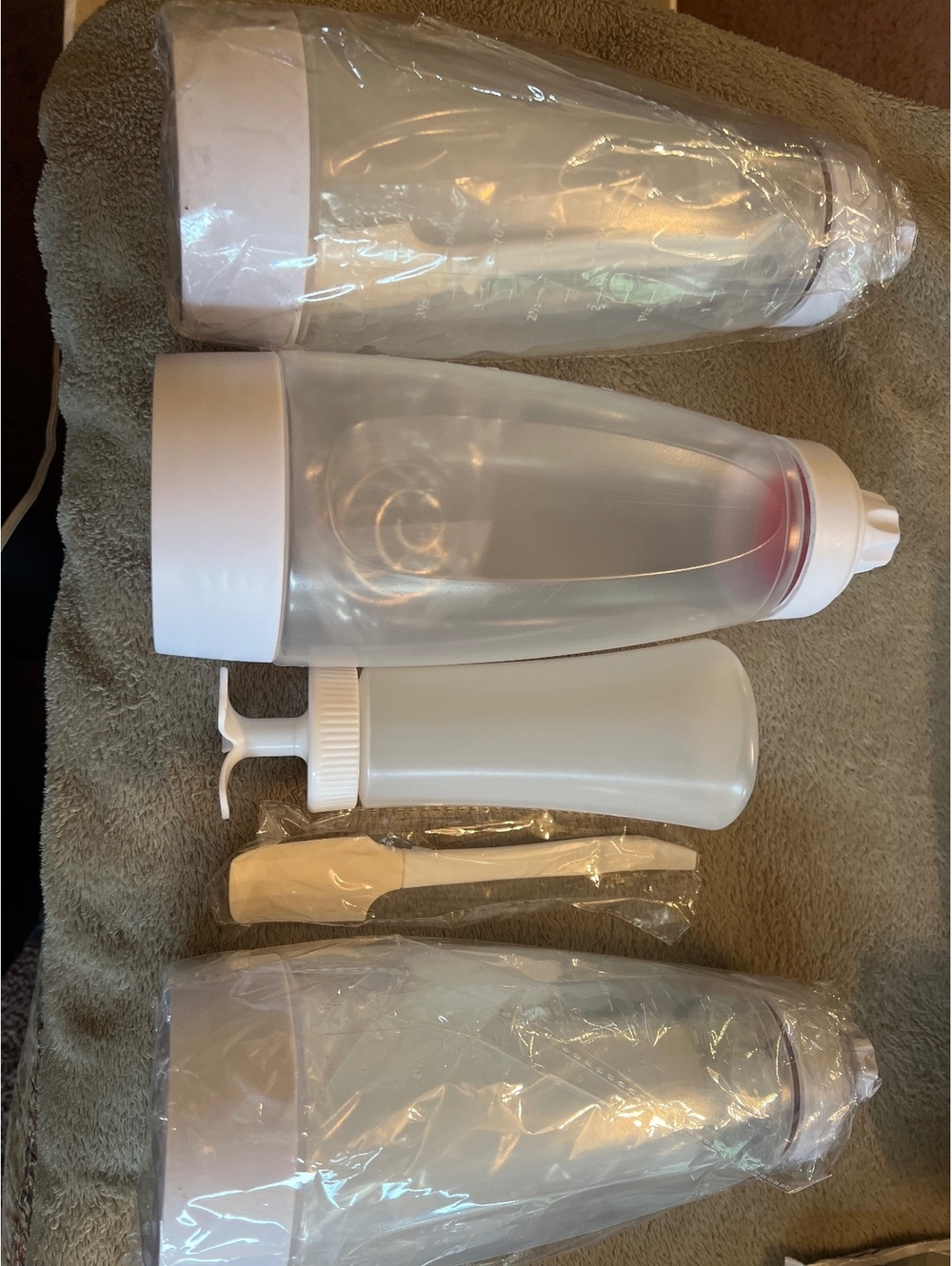 Set of 3 White Plastic Kitchen Mixer and Dispenser Bottles with Accessories